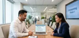 Practice coordinator reviewing onboarding steps to integrate a medical virtual assistant into clinic workflow