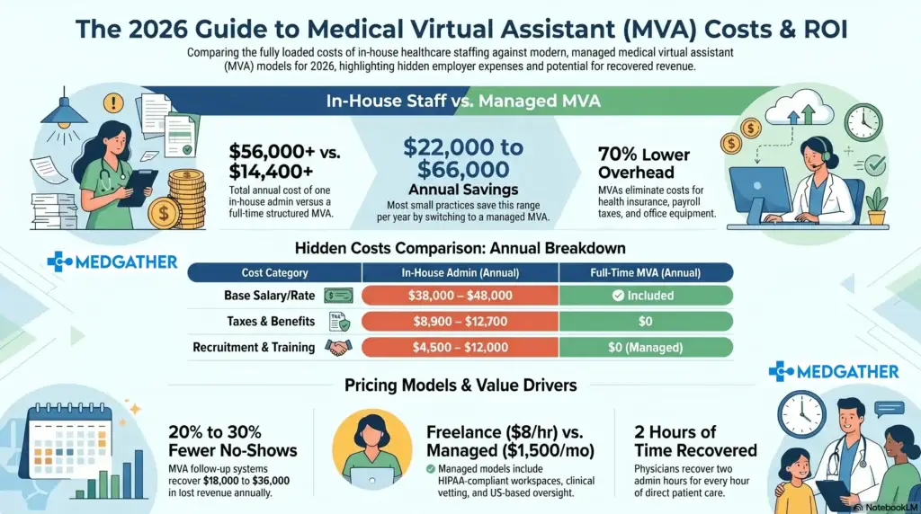 Medical practice owner reviewing medical virtual assistant cost and pricing options at their clinic desk