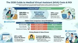 Medical practice owner reviewing medical virtual assistant cost and pricing options at their clinic desk