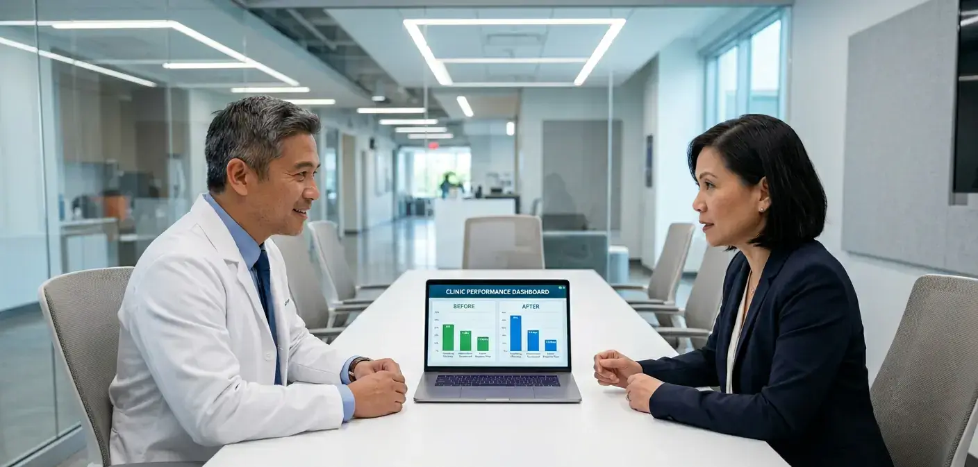 Small medical practice owner reviewing administrative support options for independent clinic
