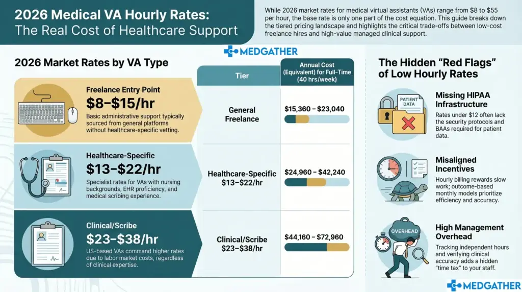 Medical practice manager reviewing medical VA hourly rates and pricing models on a laptop