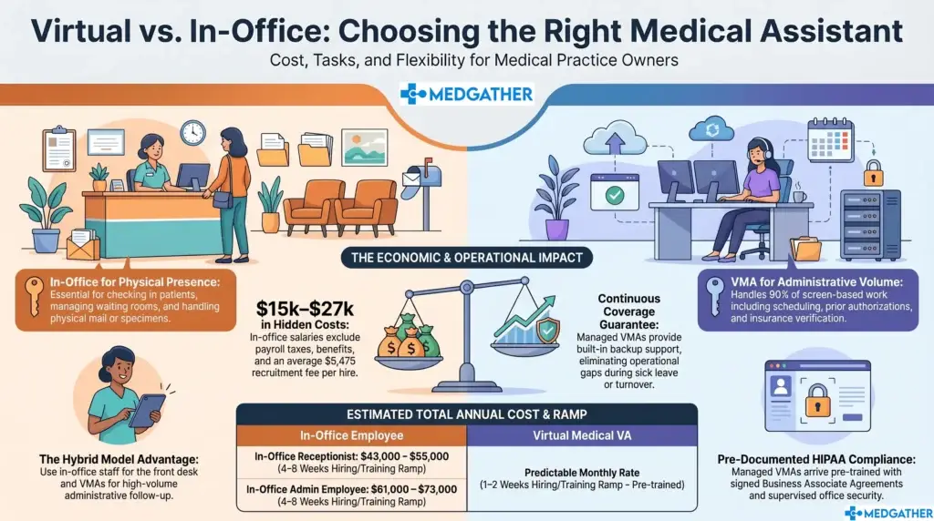 Practice owner comparing virtual medical assistant and in-office assistant options side by side