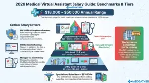 Medical virtual assistant salary range comparison chart showing experience tiers and annual compensation in 2026