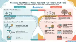 Practice manager comparing full-time and part-time healthcare virtual assistant options on a desk